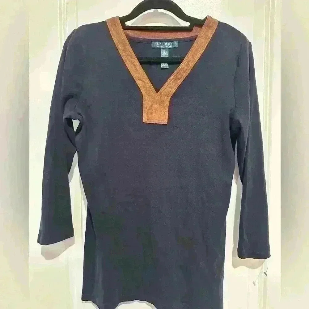 Lauren Ralph Lauren Faux Suede Collar Trim Long Sleeve Tunic Black Knit